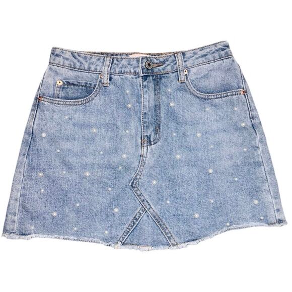 Sunset + Spring denim pearl mini skirt - Picture 2 of 5